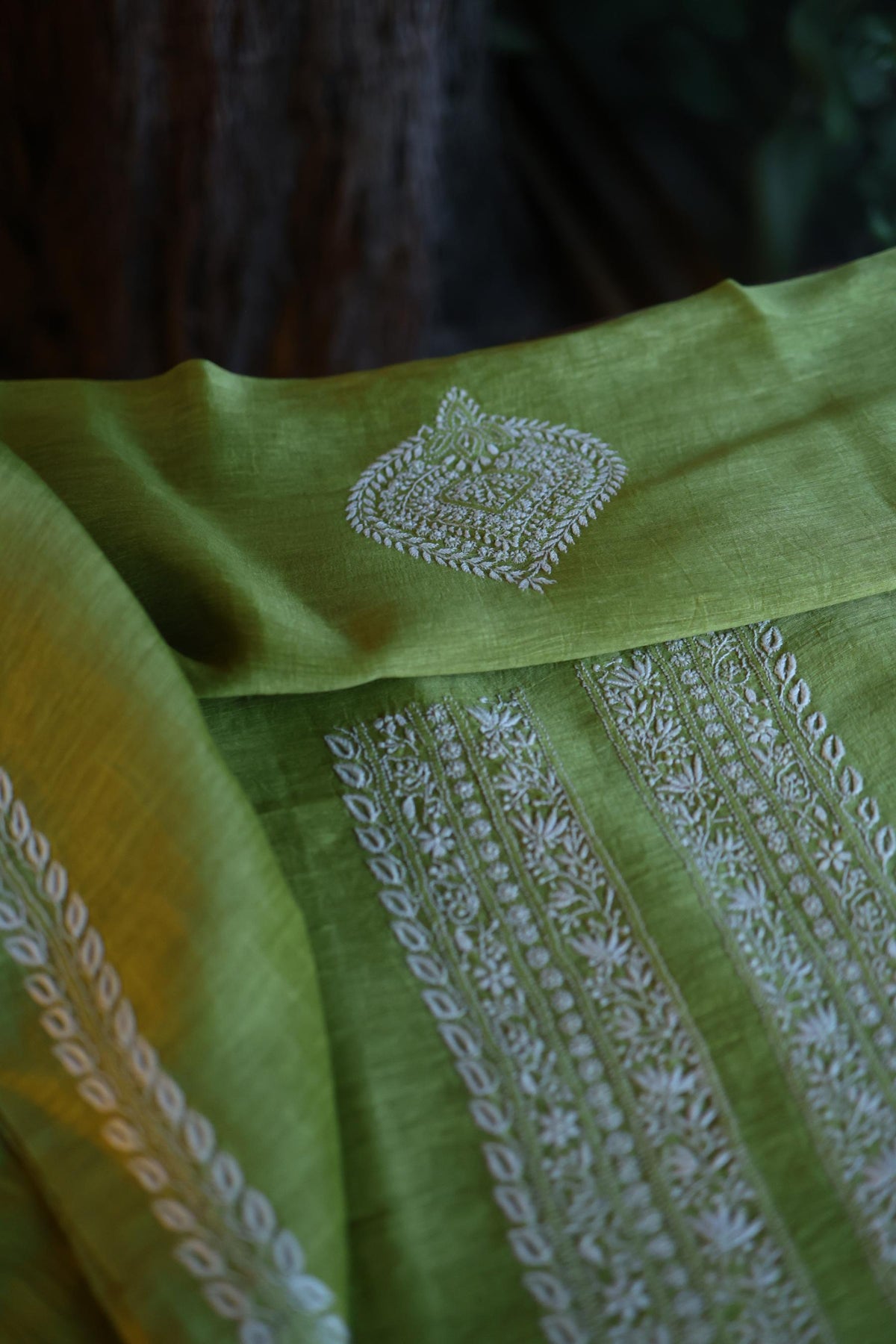 Olive Green Linen Chikankari Unstitched Men's Kurta Fabric