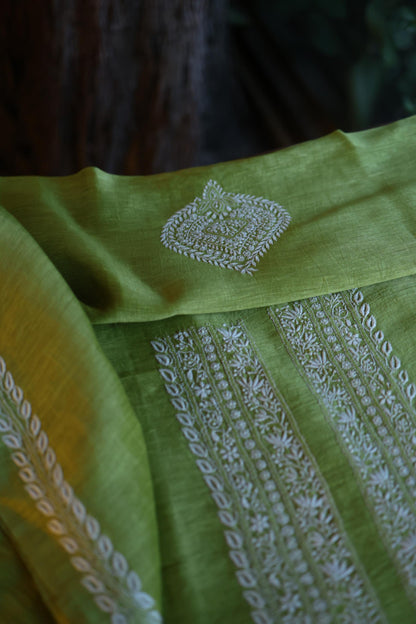 Olive Green Linen Chikankari Unstitched Men's Kurta Fabric