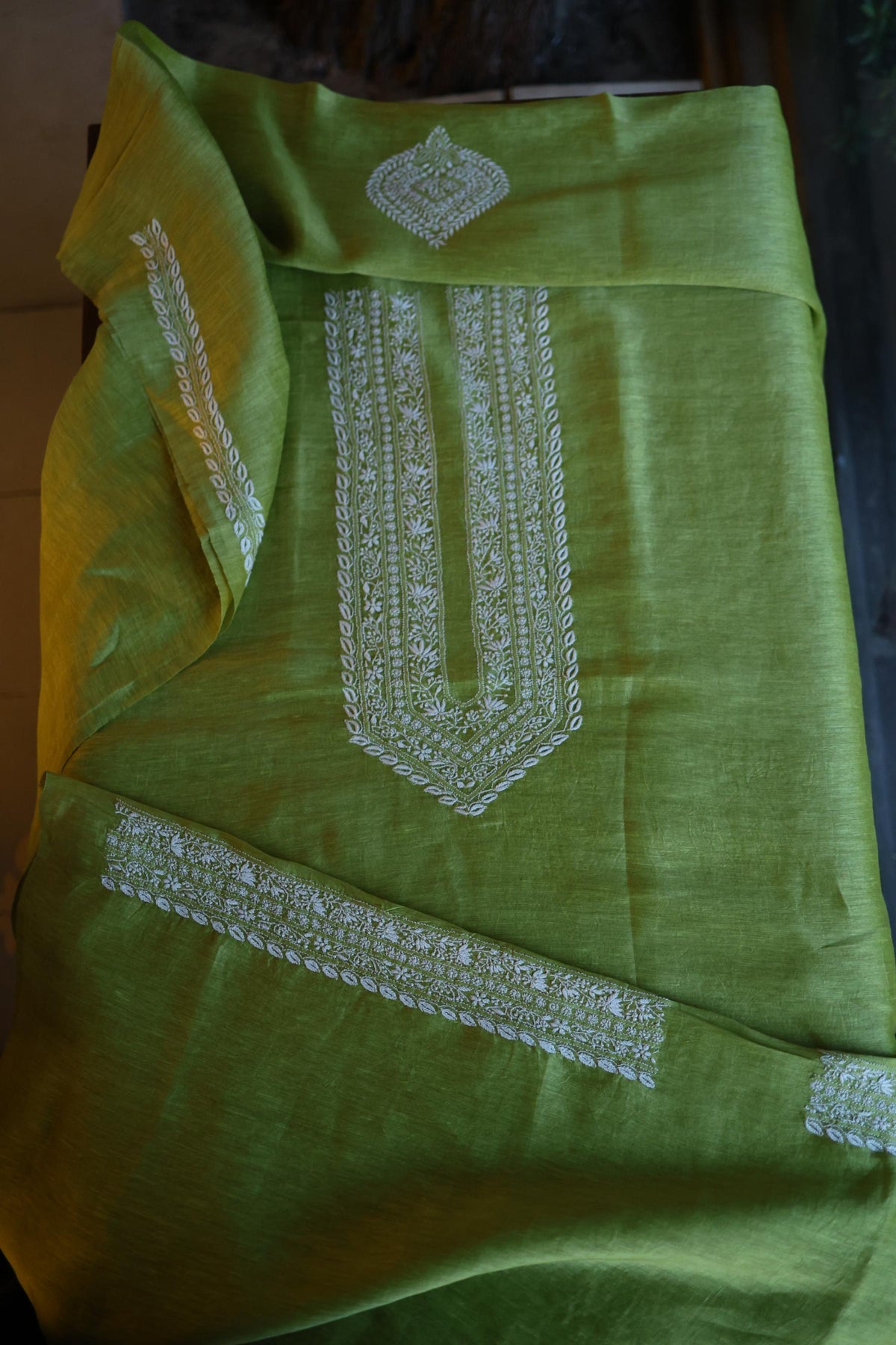 Olive Green Linen Chikankari Unstitched Men's Kurta Fabric