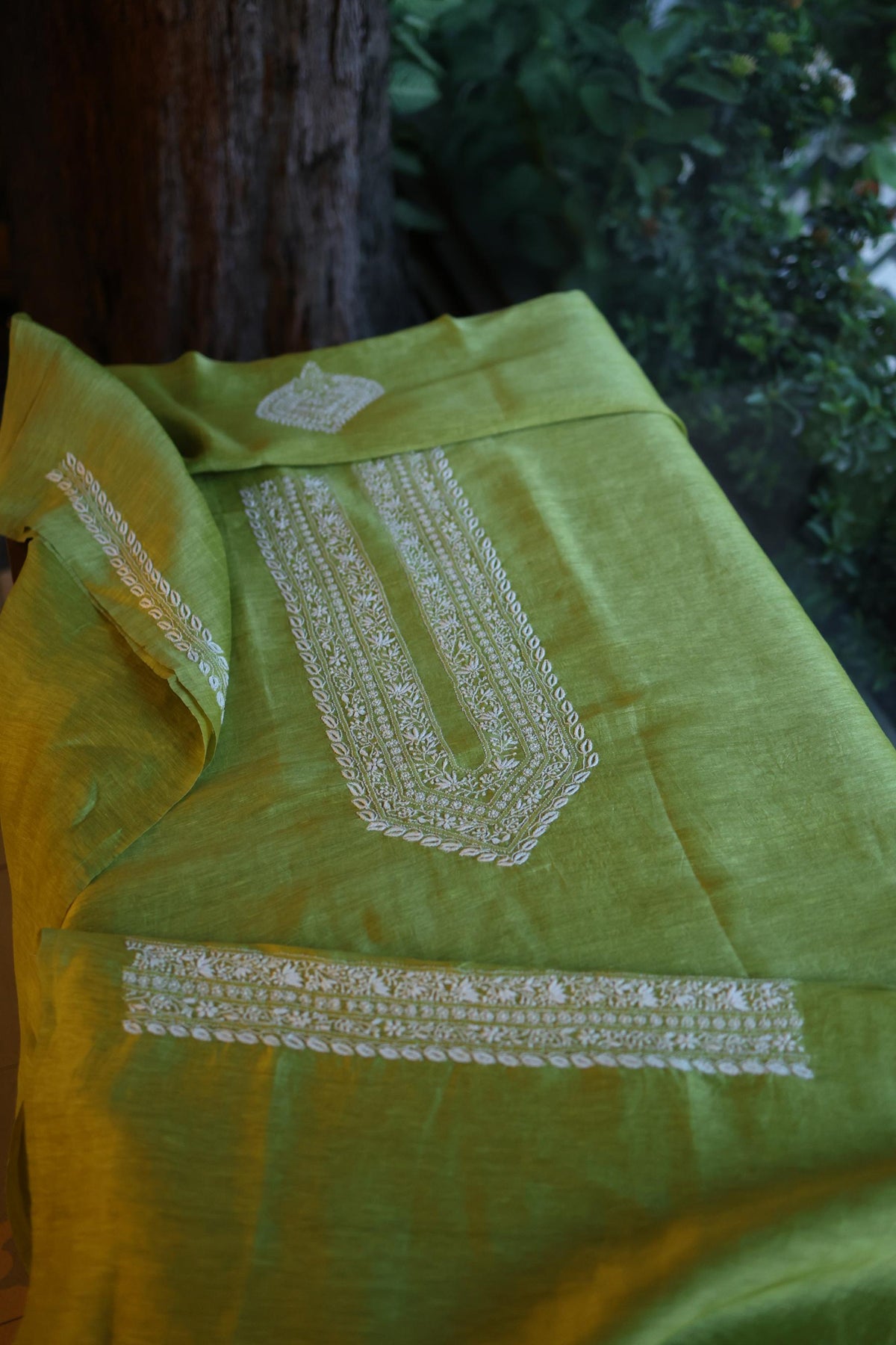 Olive Green Linen Chikankari Unstitched Men's Kurta Fabric
