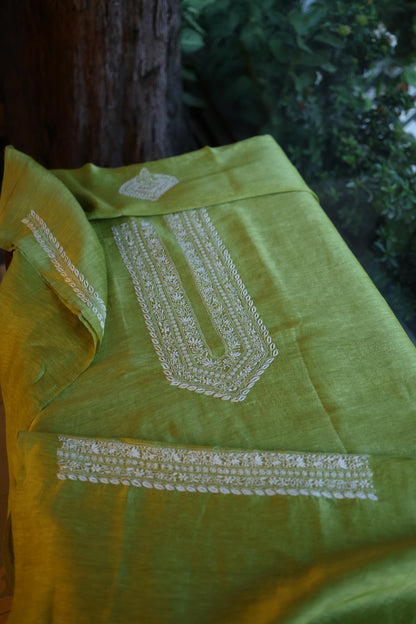 Olive Green Linen Chikankari Unstitched Men's Kurta Fabric