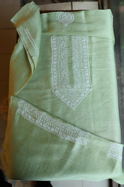 Olive Green Linen Chikankari Unstitched Men's Kurta Fabric
