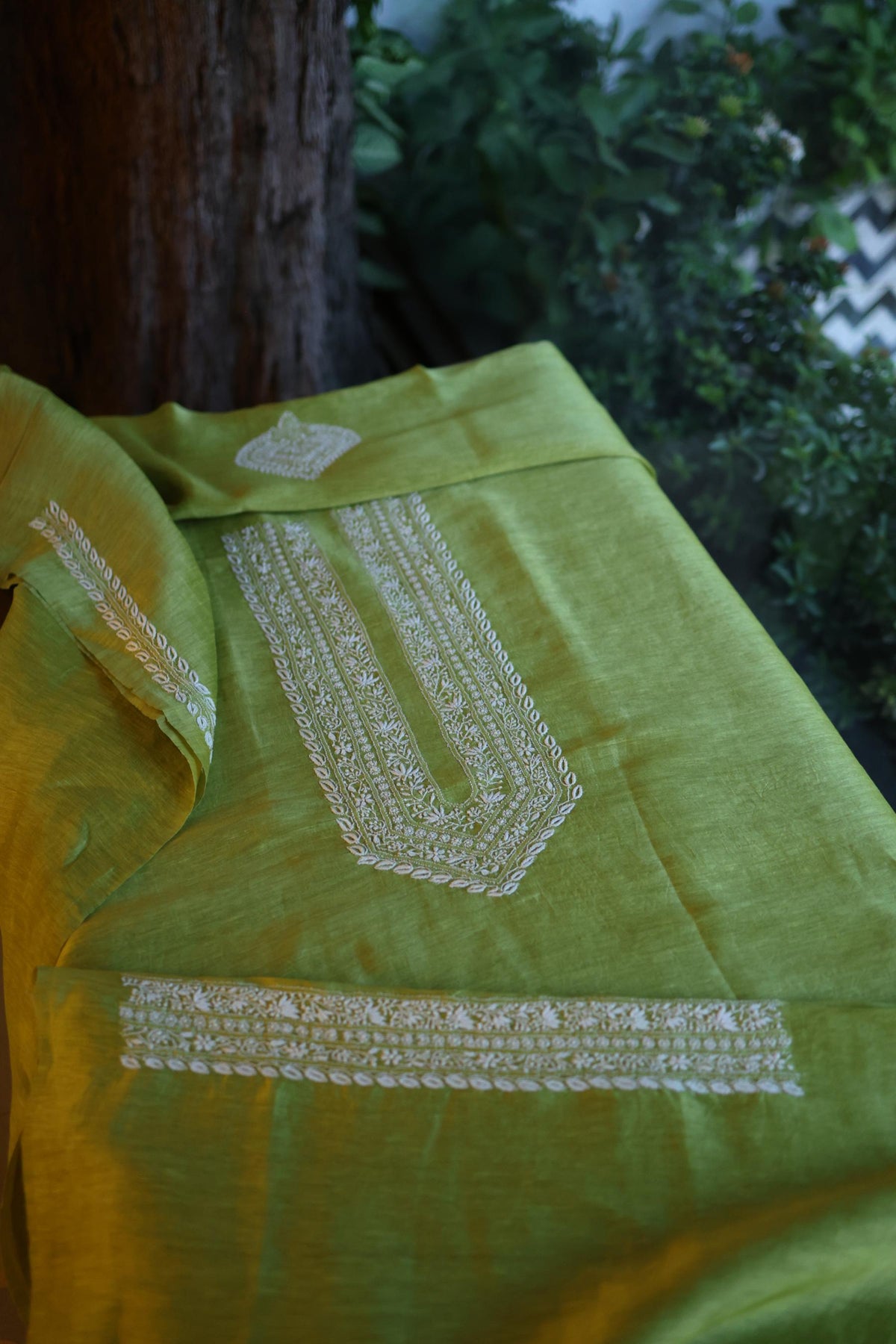 Olive Green Linen Chikankari Unstitched Men's Kurta Fabric