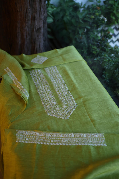 Olive Green Linen Chikankari Unstitched Men's Kurta Fabric