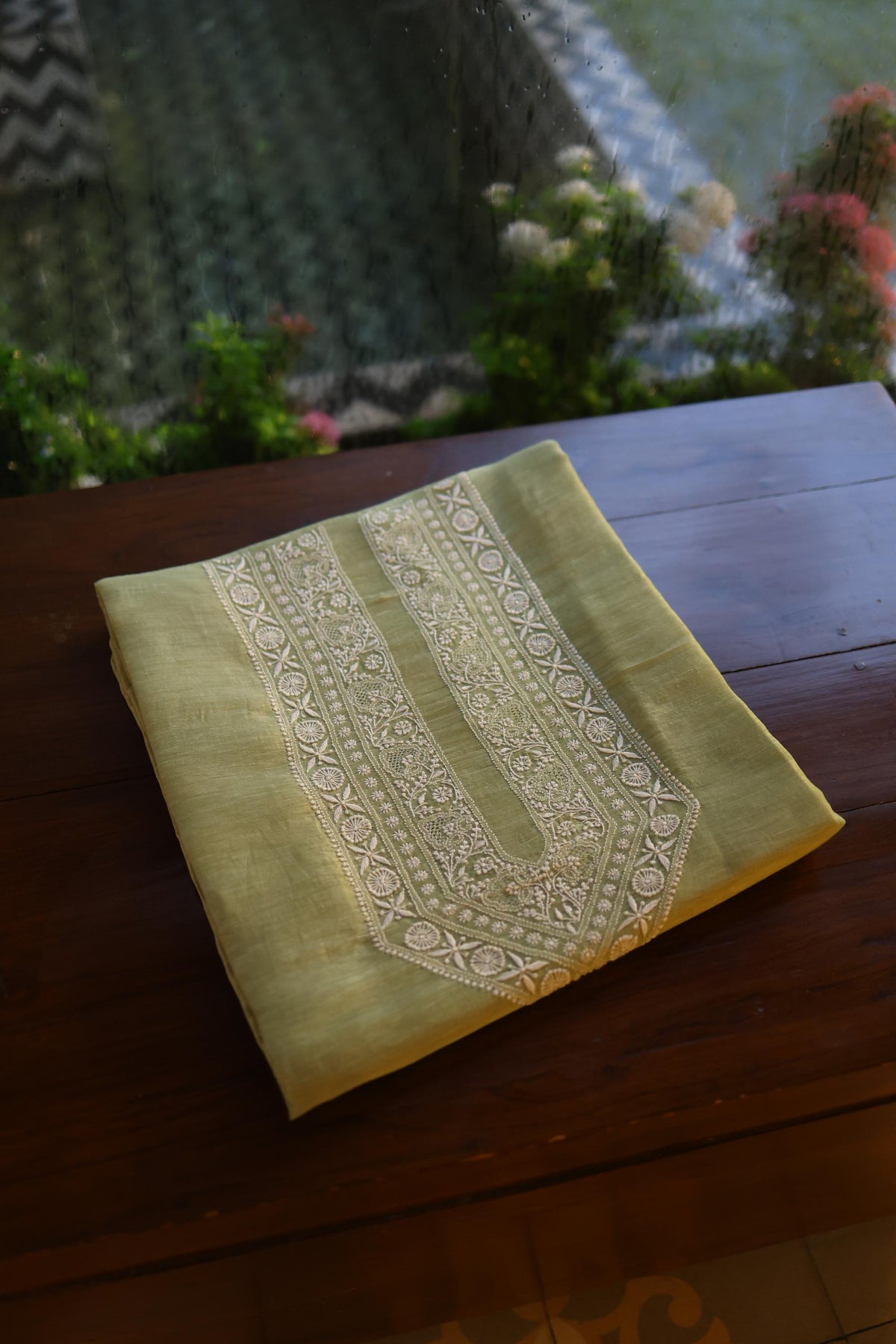 Olive Green Linen Chikankari Unstitched Men's Kurta Fabric