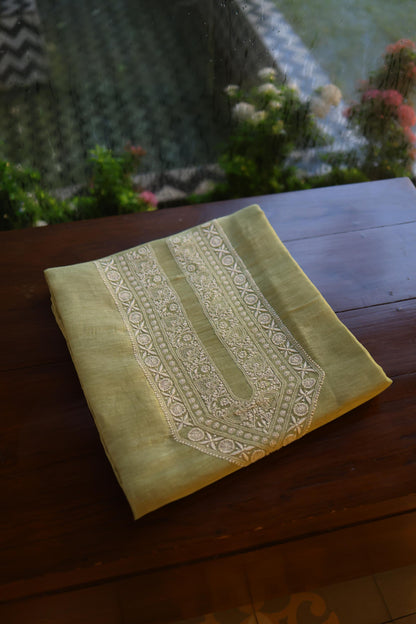 Olive Green Linen Chikankari Unstitched Men's Kurta Fabric
