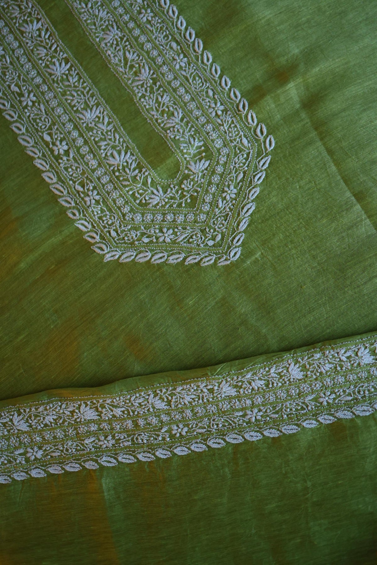 Olive Green Linen Chikankari Unstitched Men's Kurta Fabric