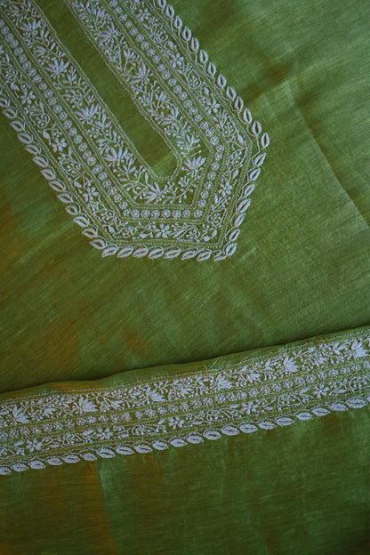 Olive Green Linen Chikankari Unstitched Men's Kurta Fabric