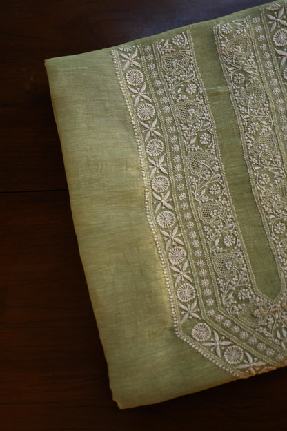 Olive Green Linen Chikankari Unstitched Men's Kurta Fabric