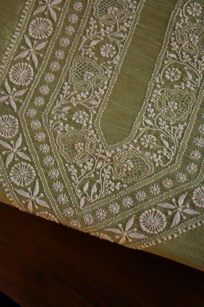 Olive Green Linen Chikankari Unstitched Men's Kurta Fabric