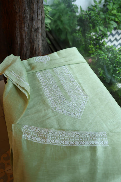 Olive Green Linen Chikankari Unstitched Men's Kurta Fabric