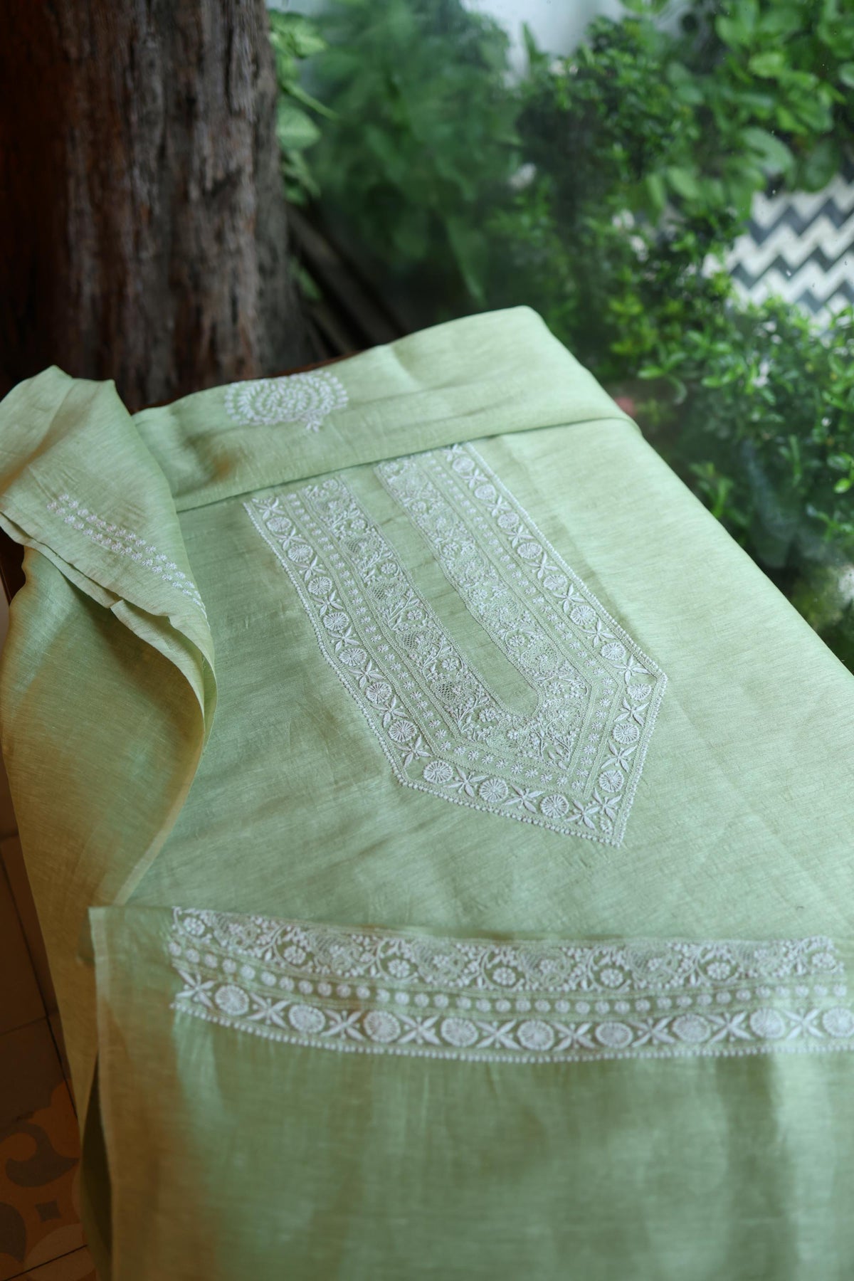Olive Green Linen Chikankari Unstitched Men's Kurta Fabric