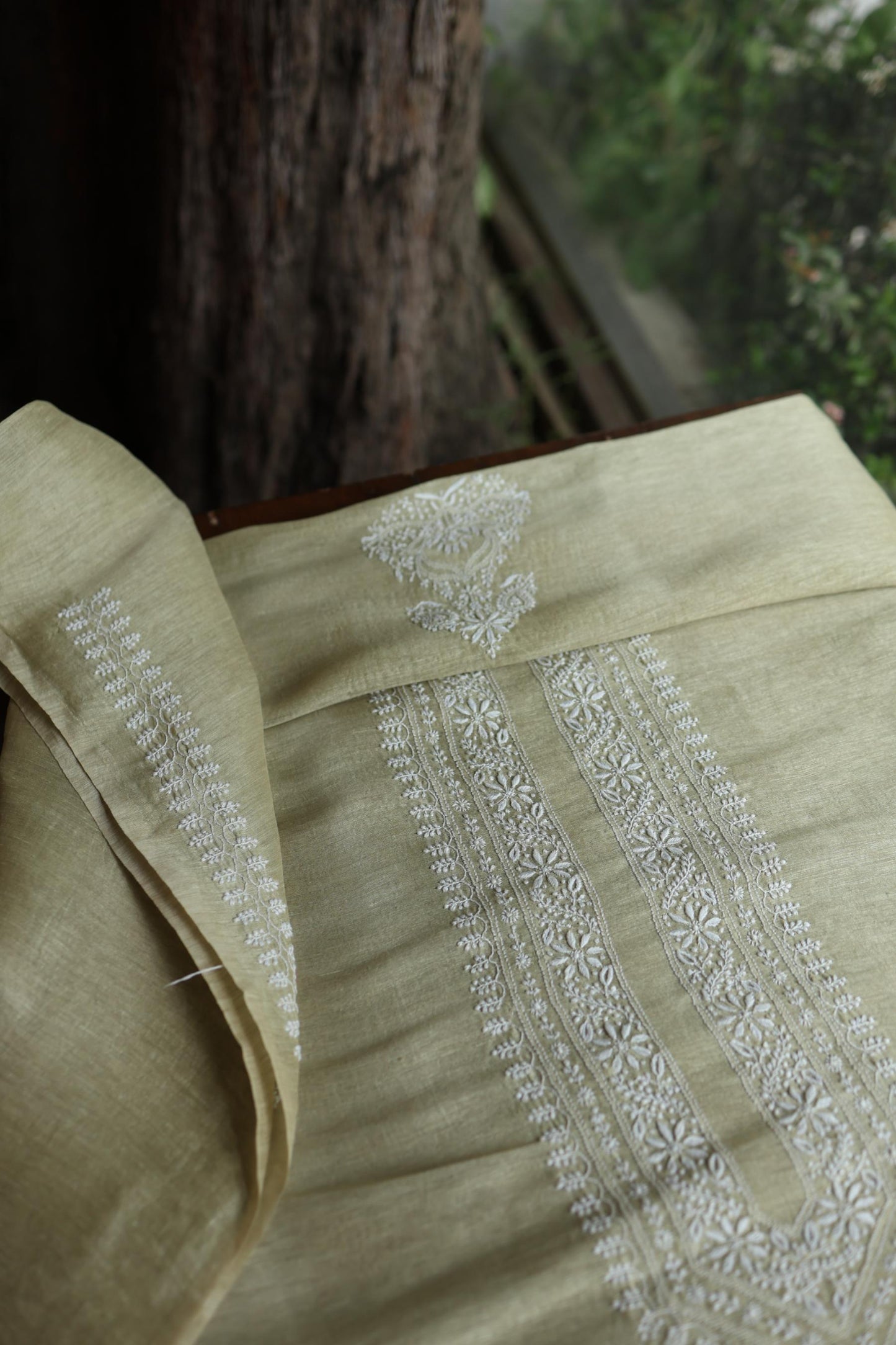 Olive Green Linen Chikankari Unstitched Men's Kurtas Fabric