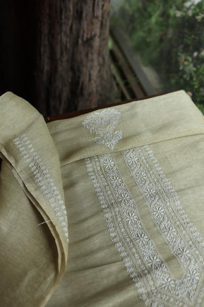 Olive Green Linen Chikankari Unstitched Men's Kurtas Fabric