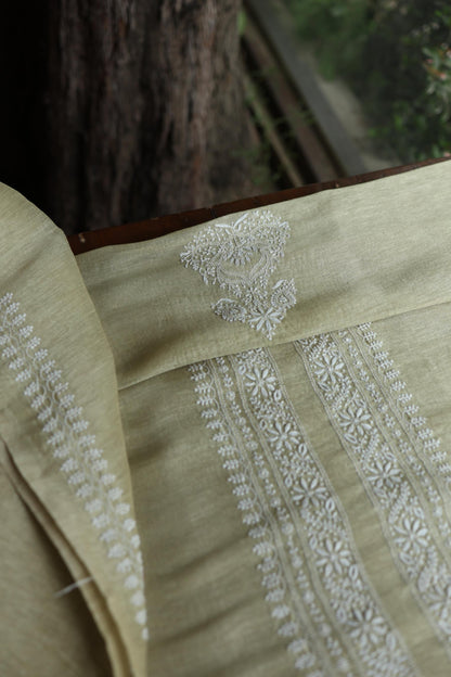 Olive Green Linen Chikankari Unstitched Men's Kurtas Fabric
