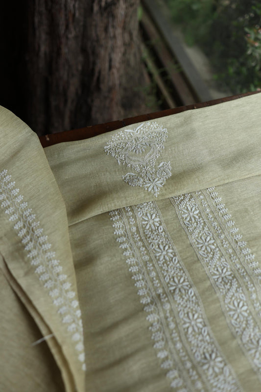 Olive Green Linen Chikankari Unstitched Men's Kurtas Fabric