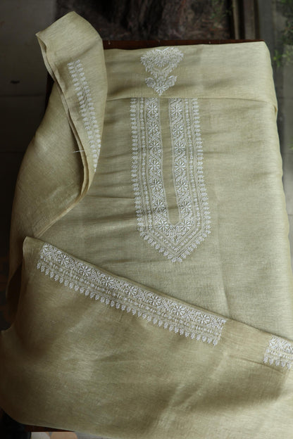 Olive Green Linen Chikankari Unstitched Men's Kurtas Fabric