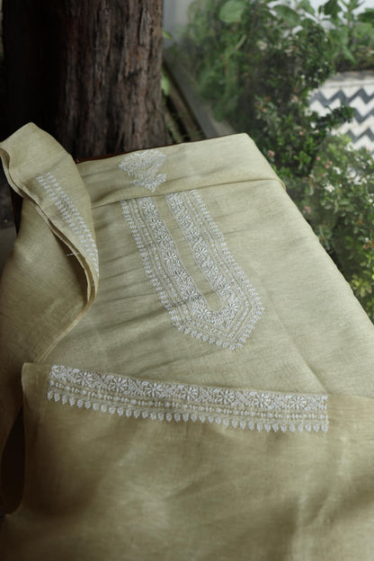 Olive Green Linen Chikankari Unstitched Men's Kurtas Fabric