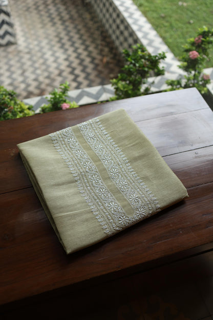 Olive Green Linen Chikankari Unstitched Men's Kurtas Fabric