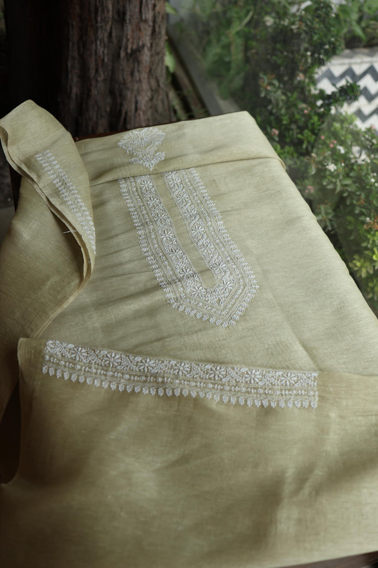 Olive Green Linen Chikankari Unstitched Men's Kurtas Fabric