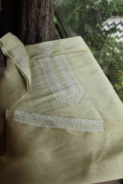 Olive Green Linen Chikankari Unstitched Men's Kurtas Fabric