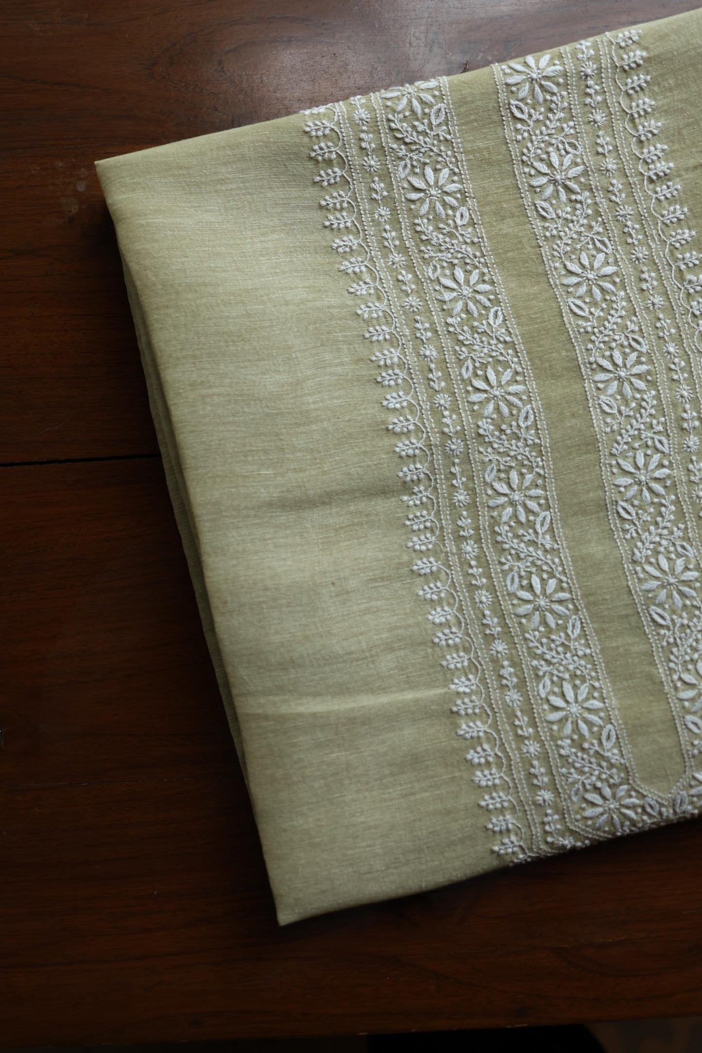Olive Green Linen Chikankari Unstitched Men's Kurtas Fabric