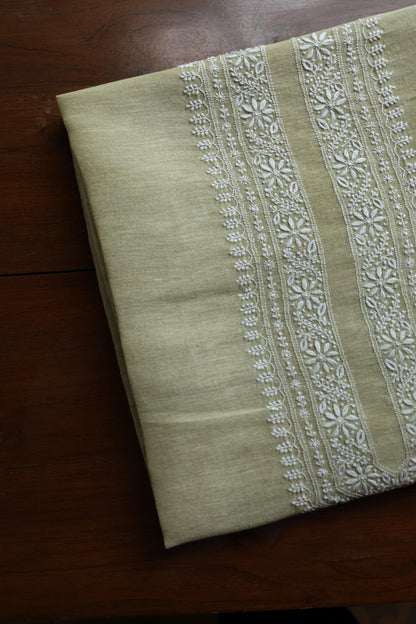 Olive Green Linen Chikankari Unstitched Men's Kurtas Fabric