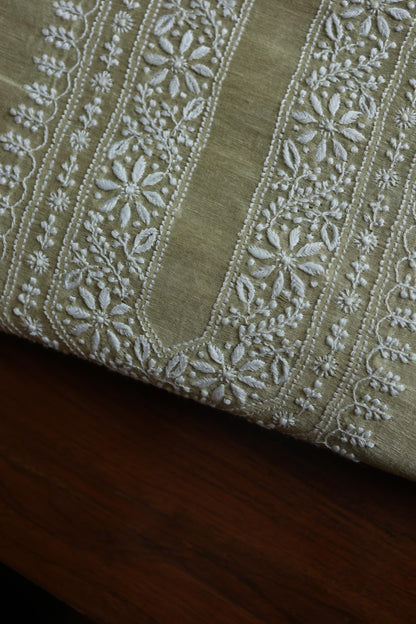 Olive Green Linen Chikankari Unstitched Men's Kurtas Fabric