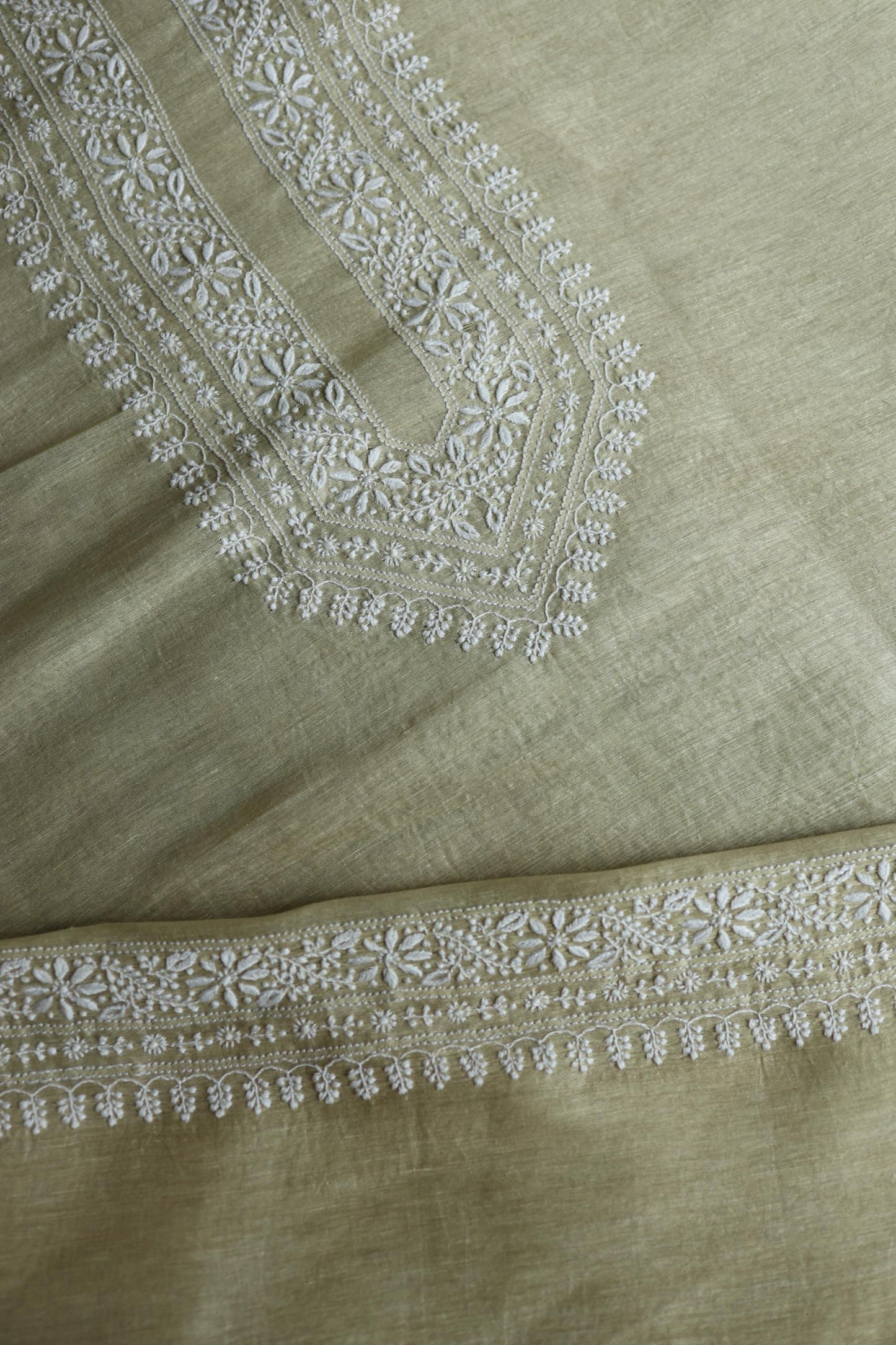 Olive Green Linen Chikankari Unstitched Men's Kurtas Fabric