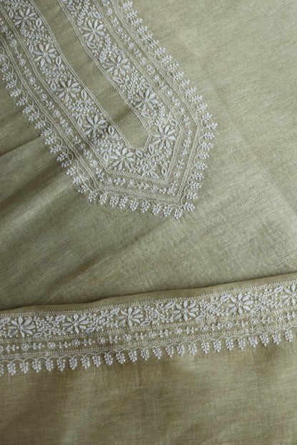 Olive Green Linen Chikankari Unstitched Men's Kurtas Fabric
