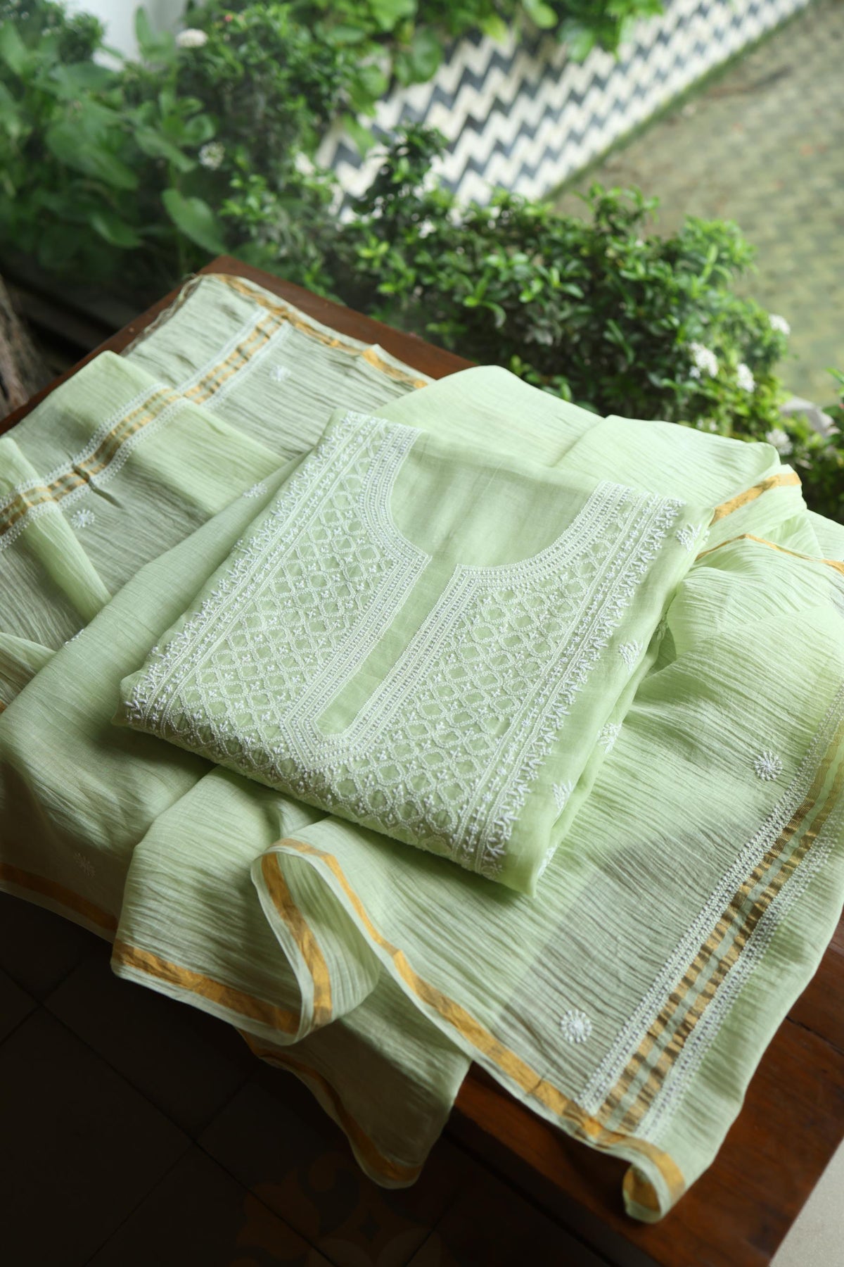 Olive Green Mal Cotton Fine Chikankari Unstitched Fabric