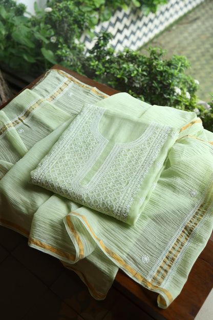 Olive Green Mal Cotton Fine Chikankari Unstitched Fabric