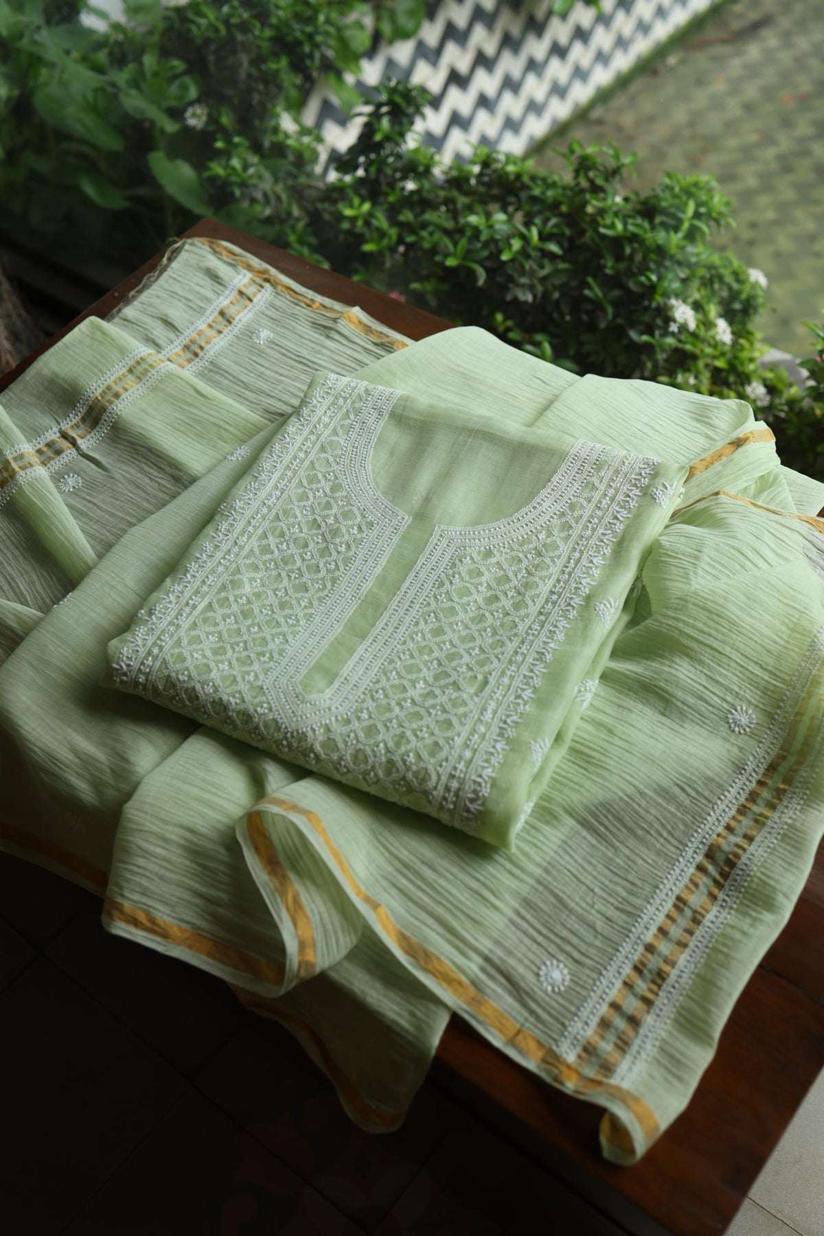 Olive Green Mal Cotton Fine Chikankari Unstitched Fabric