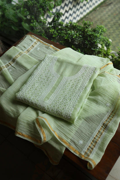 Olive Green Mal Cotton Fine Chikankari Unstitched Fabric