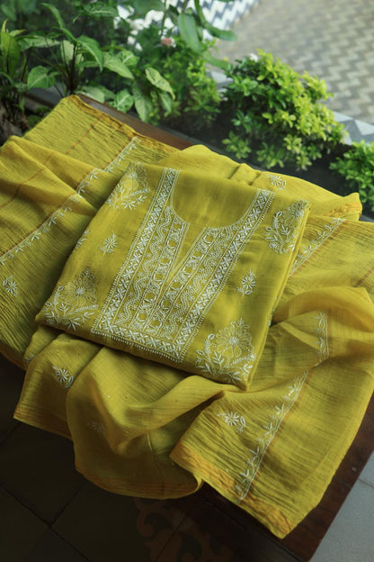 Olive Green Mal Cotton Fine Chikankari With Kamdani Work Unstitched Fabric