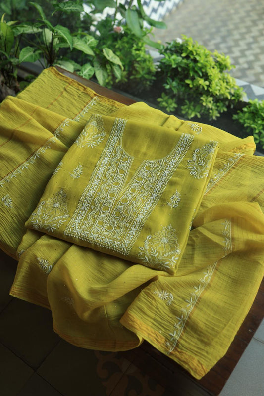 Olive Green Mal Cotton Fine Chikankari With Kamdani Work Unstitched Fabric
