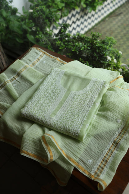Olive Green Mal Cotton Fine Chikankari Unstitched Fabric