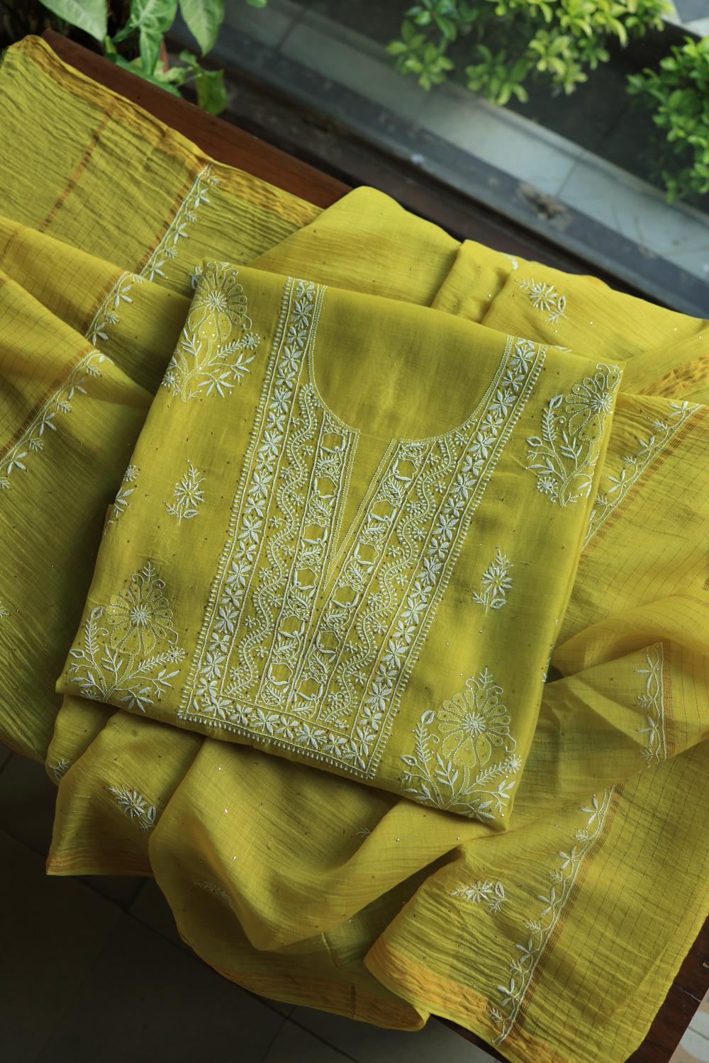 Olive Green Mal Cotton Fine Chikankari With Kamdani Work Unstitched Fabric