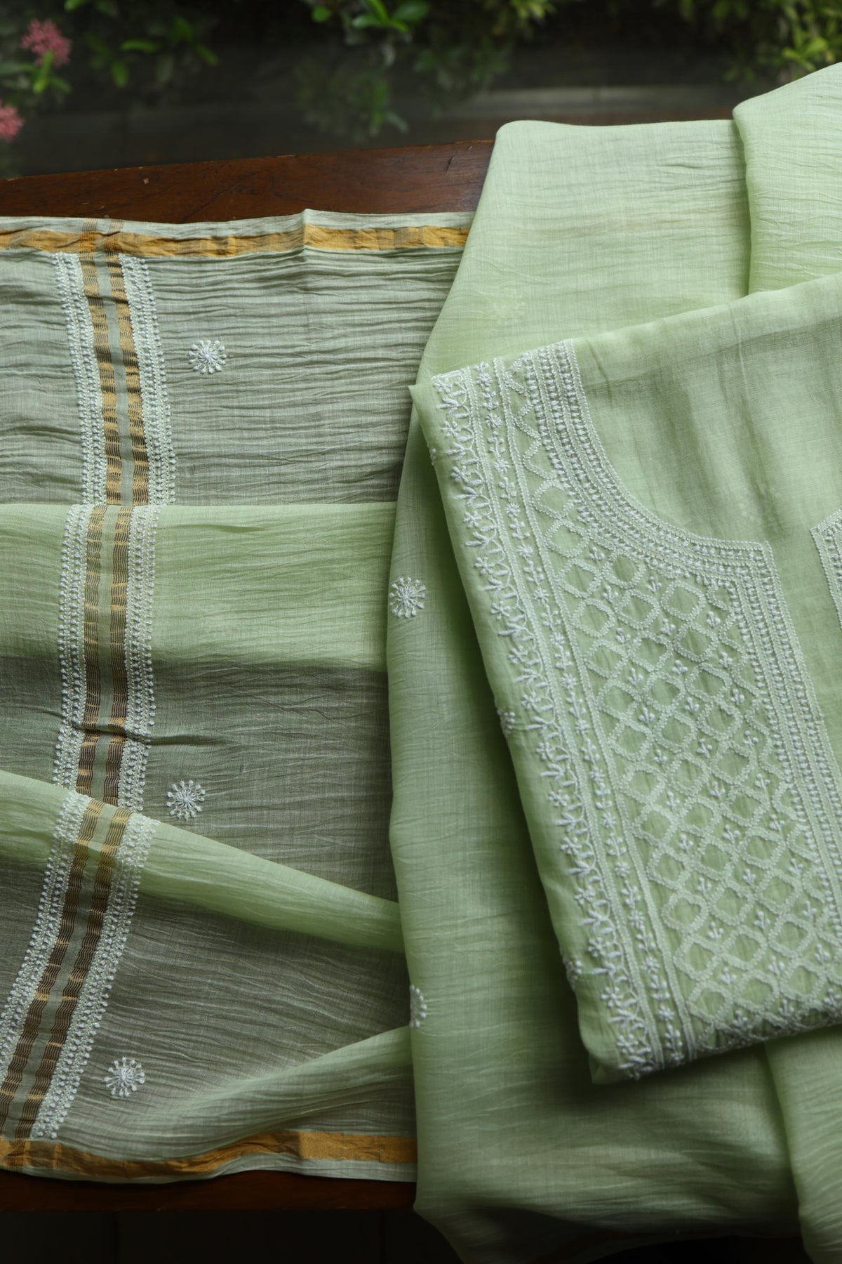 Olive Green Mal Cotton Fine Chikankari Unstitched Fabric
