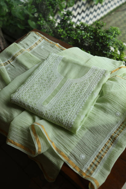 Olive Green Mal Cotton Fine Chikankari Unstitched Fabric