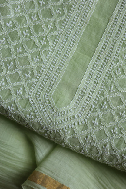 Olive Green Mal Cotton Fine Chikankari Unstitched Fabric