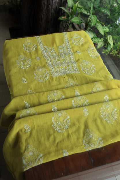 Olive Green Mal Cotton Fine Chikankari With Kamdani Work Unstitched Fabric