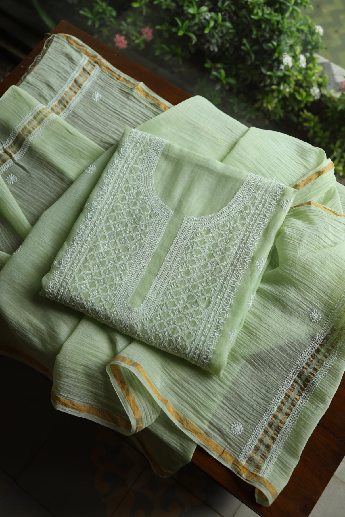 Olive Green Mal Cotton Fine Chikankari Unstitched Fabric