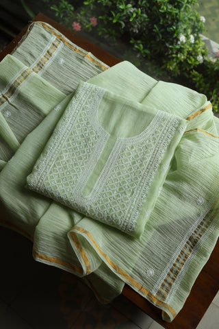 Olive Green Shade Mal Cotton Fine Chikankari Unstitched Fabric