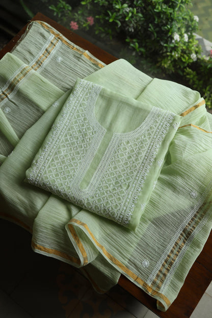 Olive Green Mal Cotton Fine Chikankari Unstitched Fabric