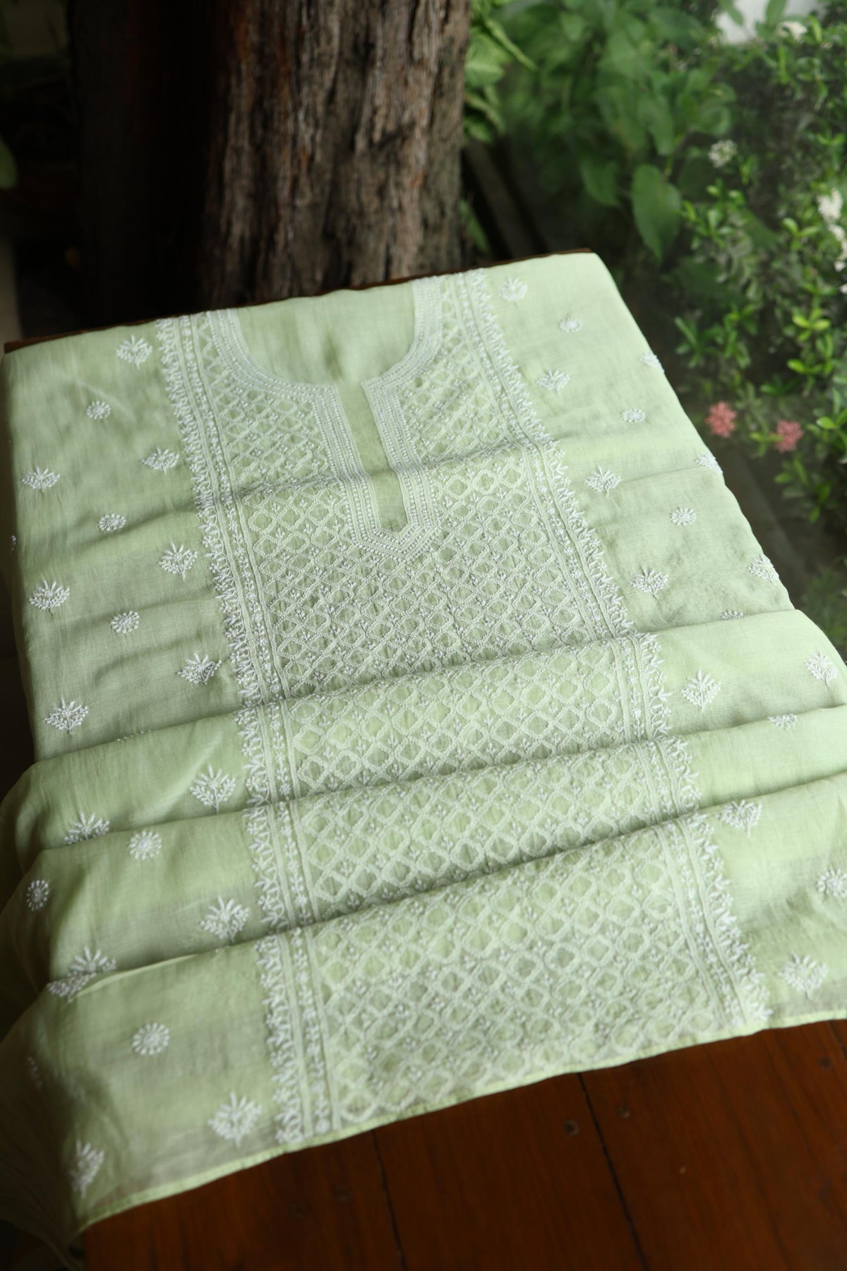 Olive Green Mal Cotton Fine Chikankari Unstitched Fabric