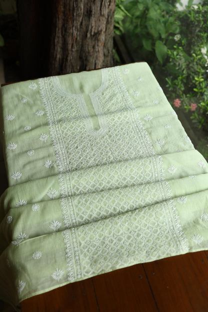 Olive Green Mal Cotton Fine Chikankari Unstitched Fabric