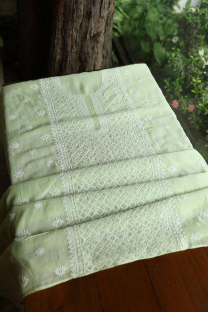 Olive Green Mal Cotton Fine Chikankari Unstitched Fabric