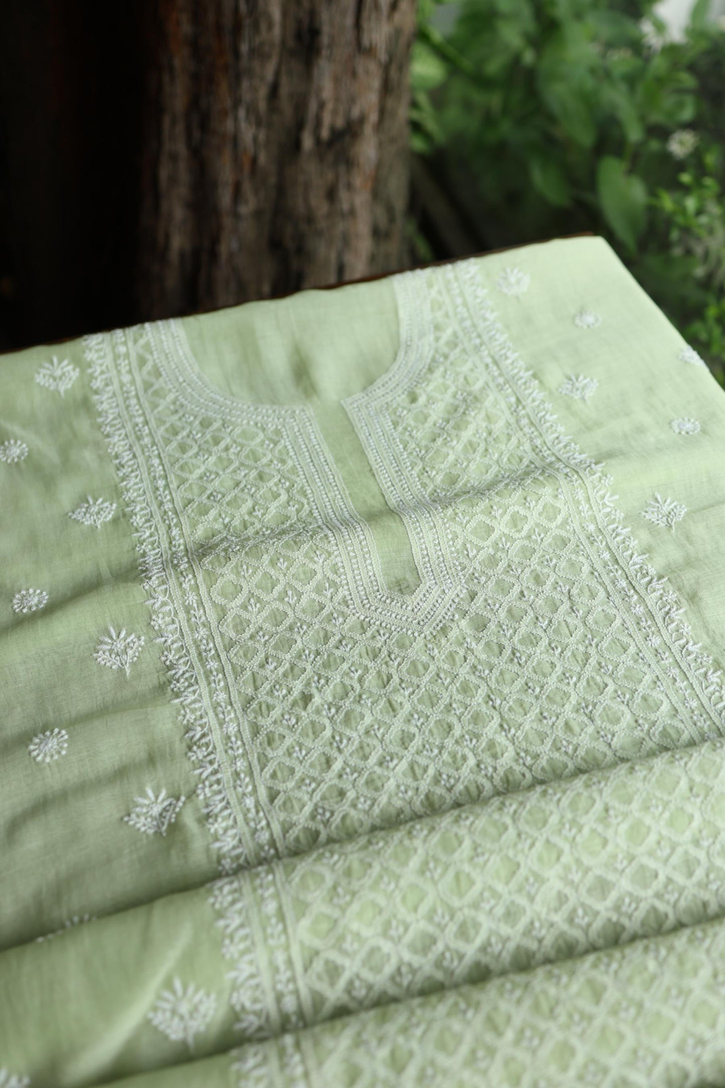 Olive Green Mal Cotton Fine Chikankari Unstitched Fabric
