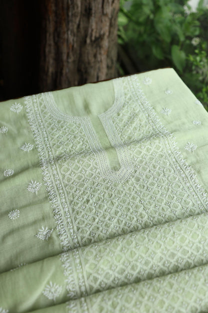 Olive Green Mal Cotton Fine Chikankari Unstitched Fabric